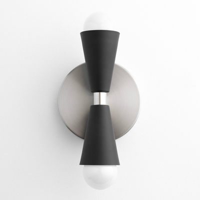 Art Deco black metal wall sconce with up/down bare bulbs and brushed silver round backplate. - SCONCE MODEL NO. 4717