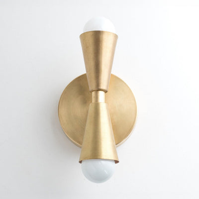 Brushed brass Art Deco sconce with double tapered cone shapes and exposed white bulbs top and bottom. - SCONCE MODEL NO. 4717