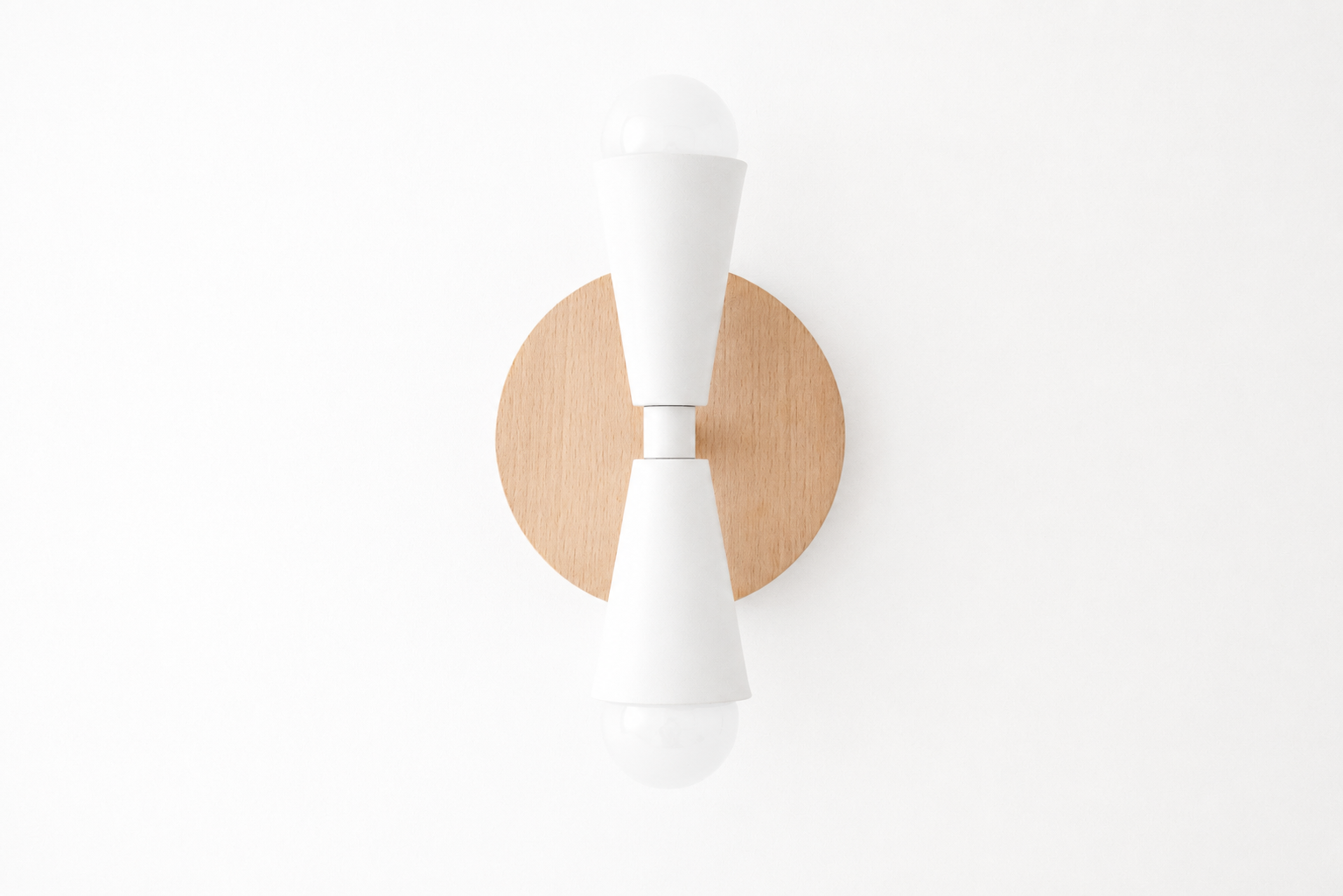 White double-bulb sconce with conical shades and natural wood circular backplate. - SCONCE MODEL NO. 4717