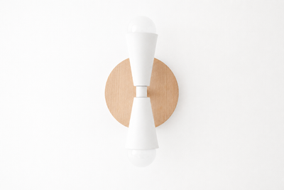 White double-bulb sconce with conical shades and natural wood circular backplate. - SCONCE MODEL NO. 4717