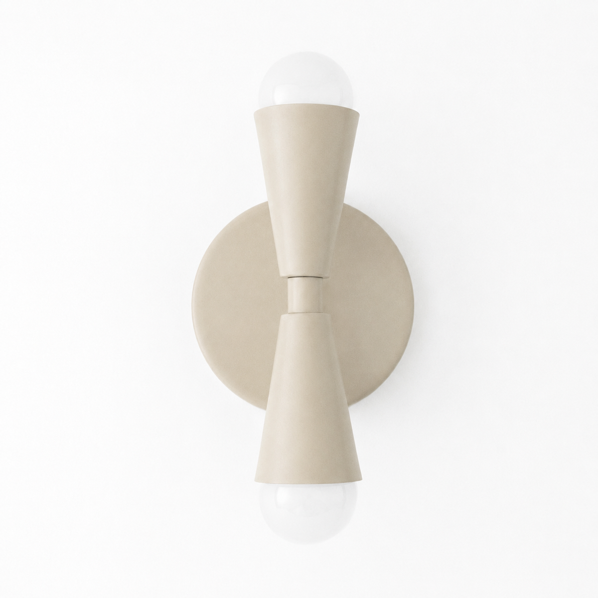 Beige matte metal Art Deco sconce with up/down white bulb sockets and round backplate. - SCONCE MODEL NO. 4717