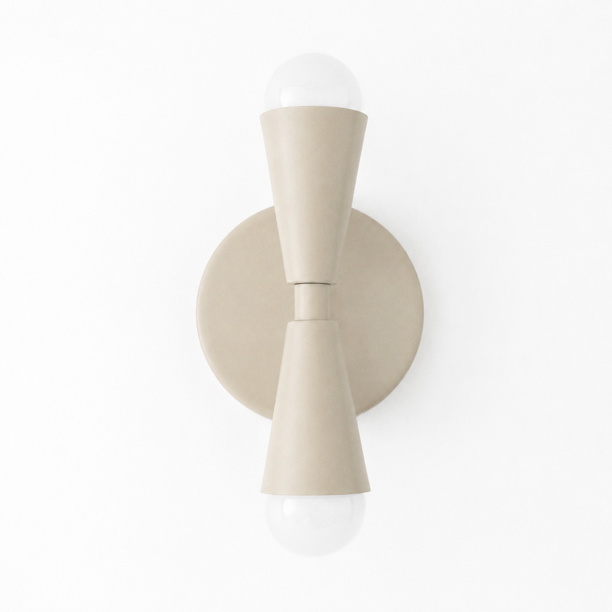 Beige matte metal Art Deco sconce with up/down white bulb sockets and round backplate. - SCONCE MODEL NO. 4717