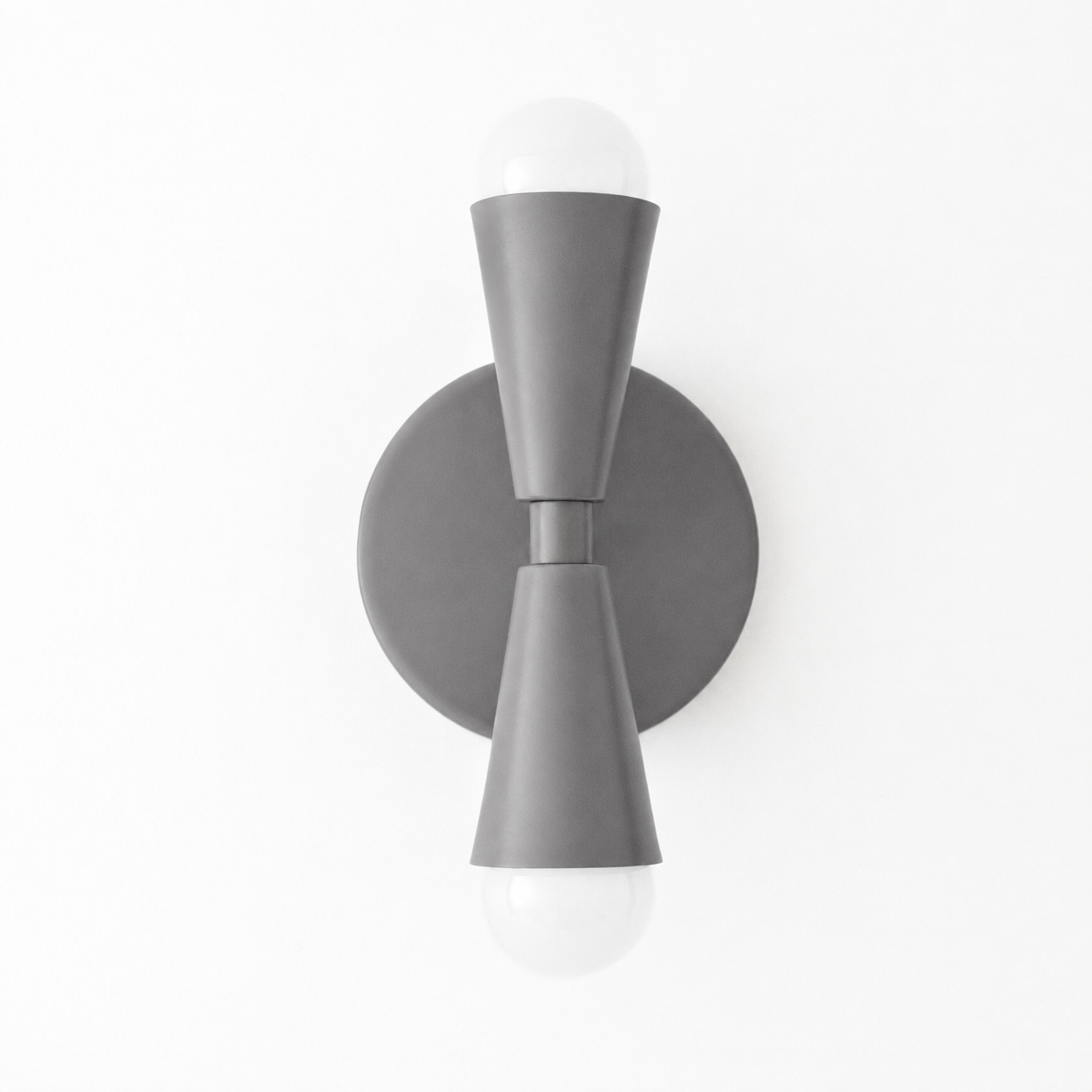 Matte gray Art Deco sconce with two upward and downward glowing bulbs and cone-shaped holders. - SCONCE MODEL NO. 4717