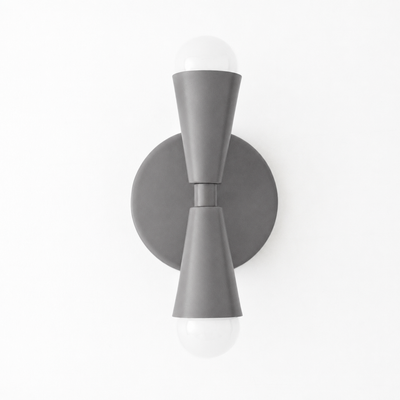 Matte gray Art Deco sconce with two upward and downward glowing bulbs and cone-shaped holders. - SCONCE MODEL NO. 4717