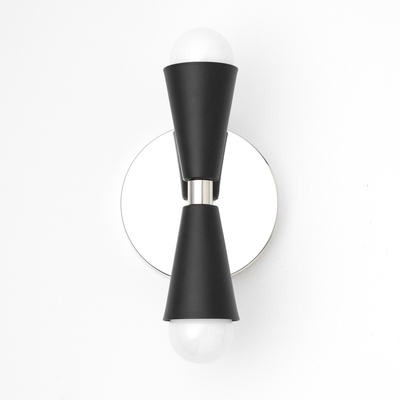 Black metal Art Deco sconce with hourglass shape, two exposed bulbs, and circular chrome backplate. - SCONCE MODEL NO. 4717