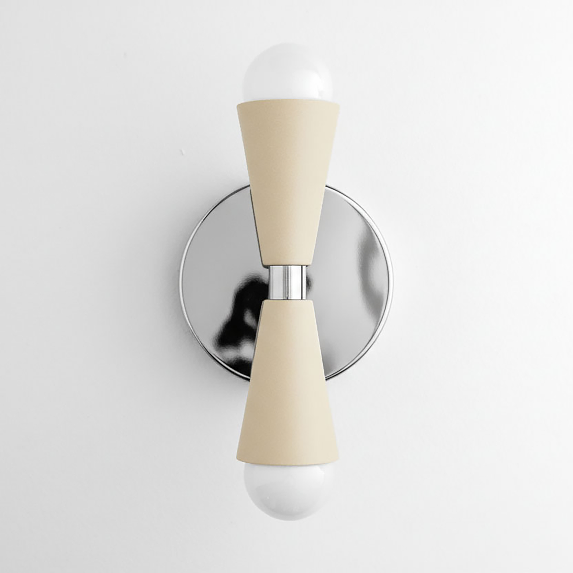Modern up/down wall sconce with brushed nickel finish and cream conical shades. - SCONCE MODEL NO. 4717