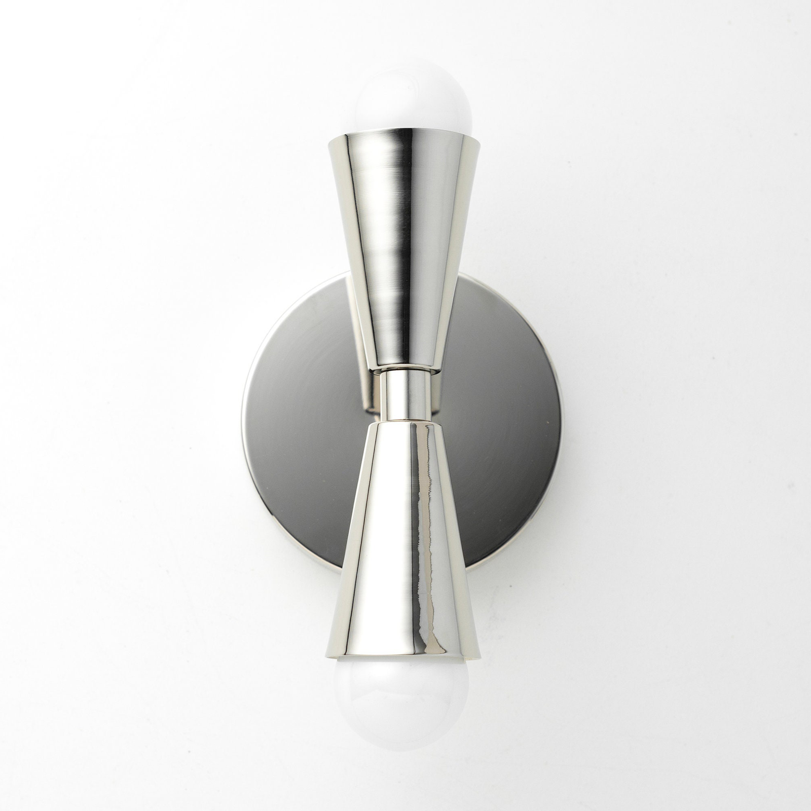 Brushed nickel Art Deco wall sconce with dual conical shades and exposed bulbs up and down. - SCONCE MODEL NO. 4717