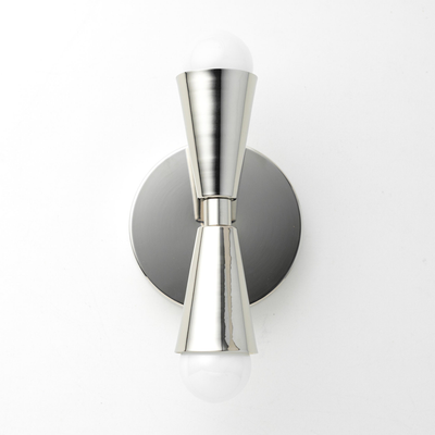 Brushed nickel Art Deco wall sconce with dual conical shades and exposed bulbs up and down. - SCONCE MODEL NO. 4717