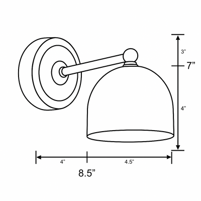 Black metal wall sconce with dome-shaped shade and round mounting plate, measuring 8.5 inches wide and 7 inches tall. - SCONCE MODEL NO. 6649