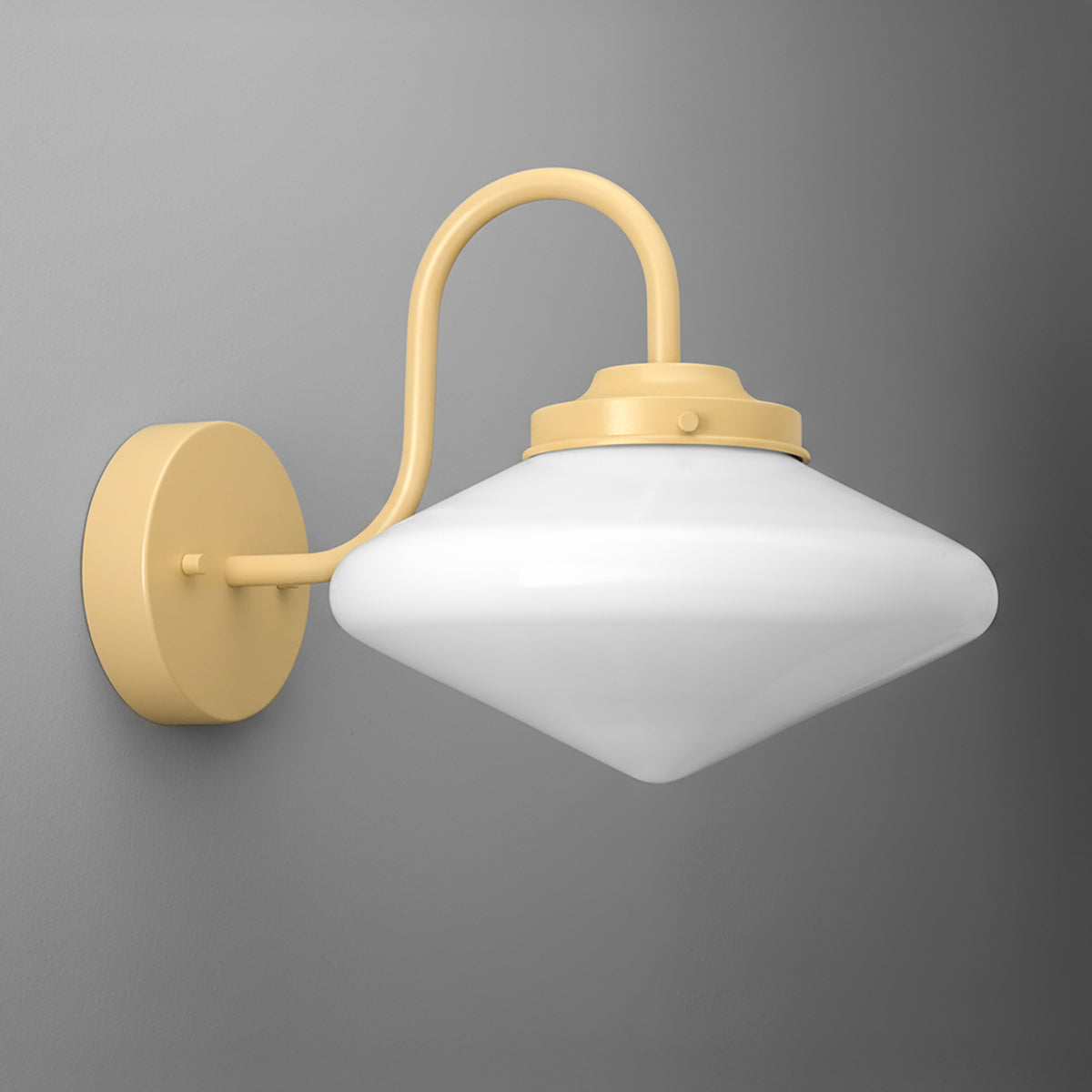 Matte yellow metal wall sconce with curved arm and white glass conical shade. - SCONCE MODEL NO. 1019