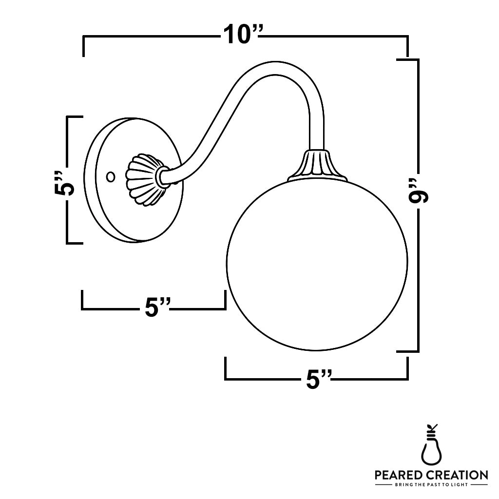Antique brass wall sconce with curved arm and 5-inch frosted globe shade, 10-inch width, 9-inch height. - SCONCE MODEL NO. 8263