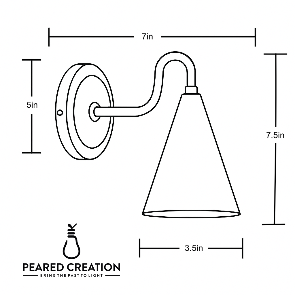 Brass wall sconce with conical shade, 7.5-inch height, 7-inch width, and 5-inch round base. - Sconce Model No. 6790