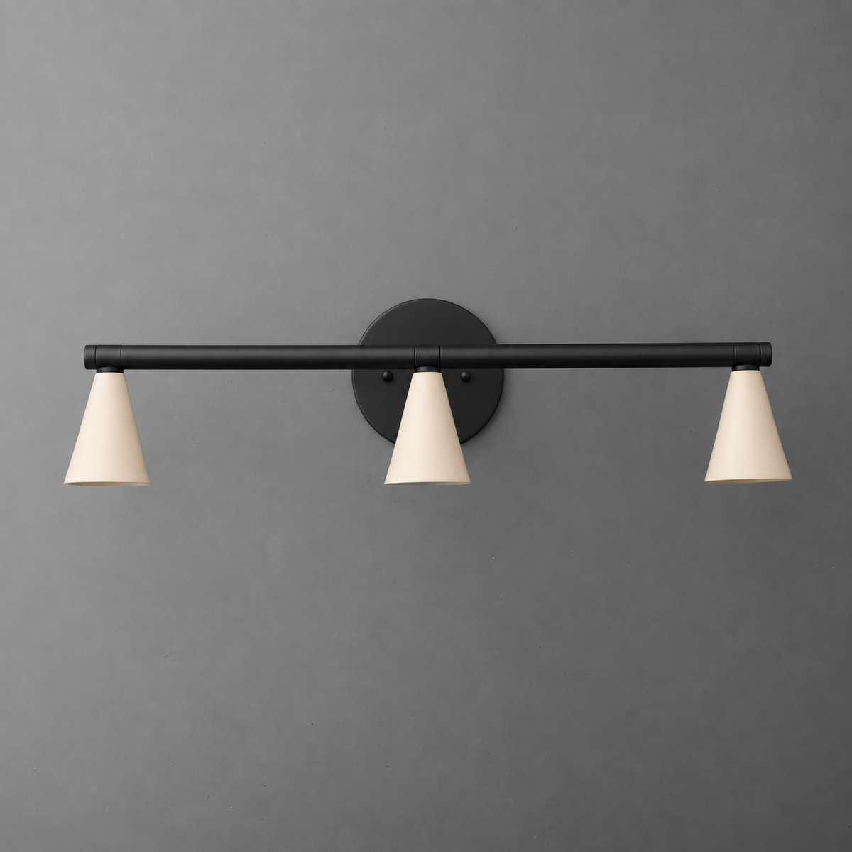 Black metal vanity light with three downward-facing white conical shades mounted on a horizontal bar. - VANITY LIGHT MODEL NO. 1170