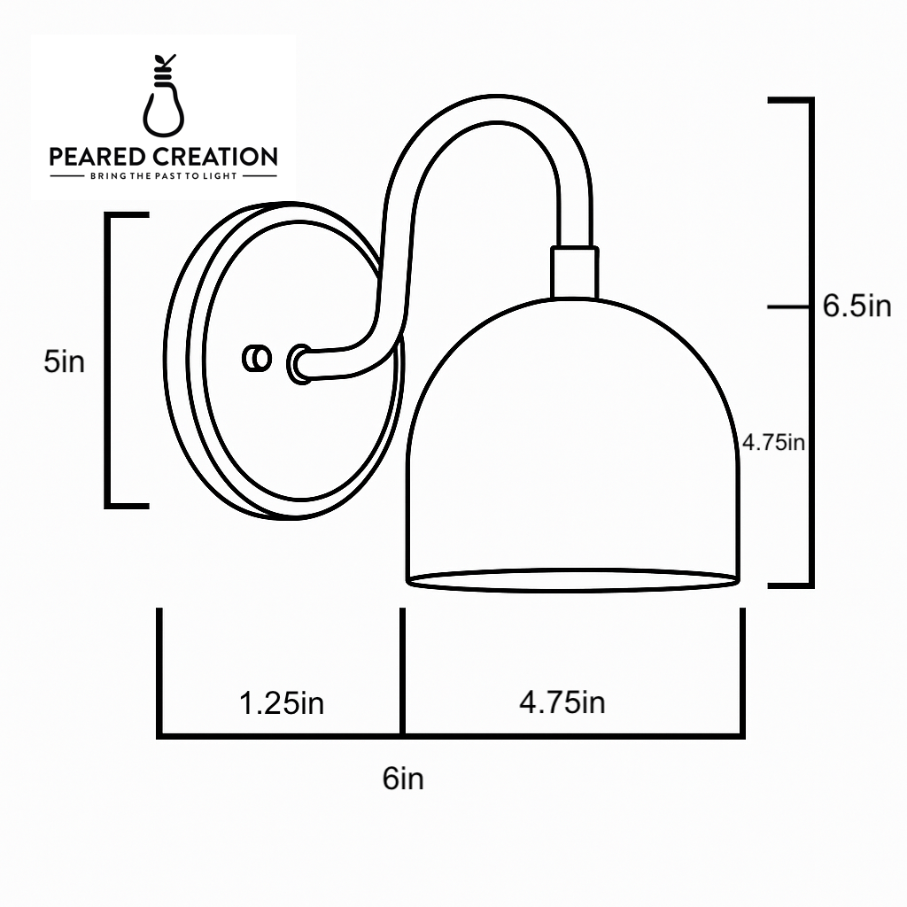 Wall-mounted sconce with curved arm and dome-shaped shade showing dimensions in black line drawing. - Sconce Model No. 5416