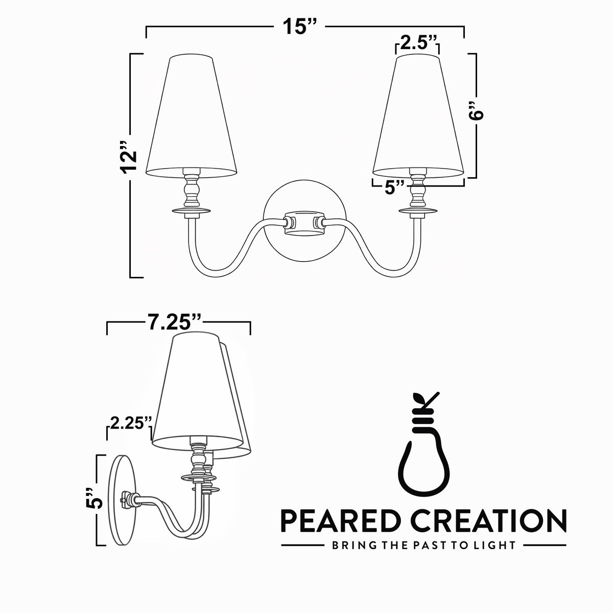 Double-arm metal wall sconce with curved arms, white fabric tapered shades, and round backplate. - SCONCE MODEL NO. 5846