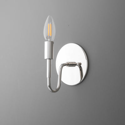 Polished chrome wall sconce with a curved arm and exposed candle-style LED bulb. - SCONCE MODEL NO. 1100