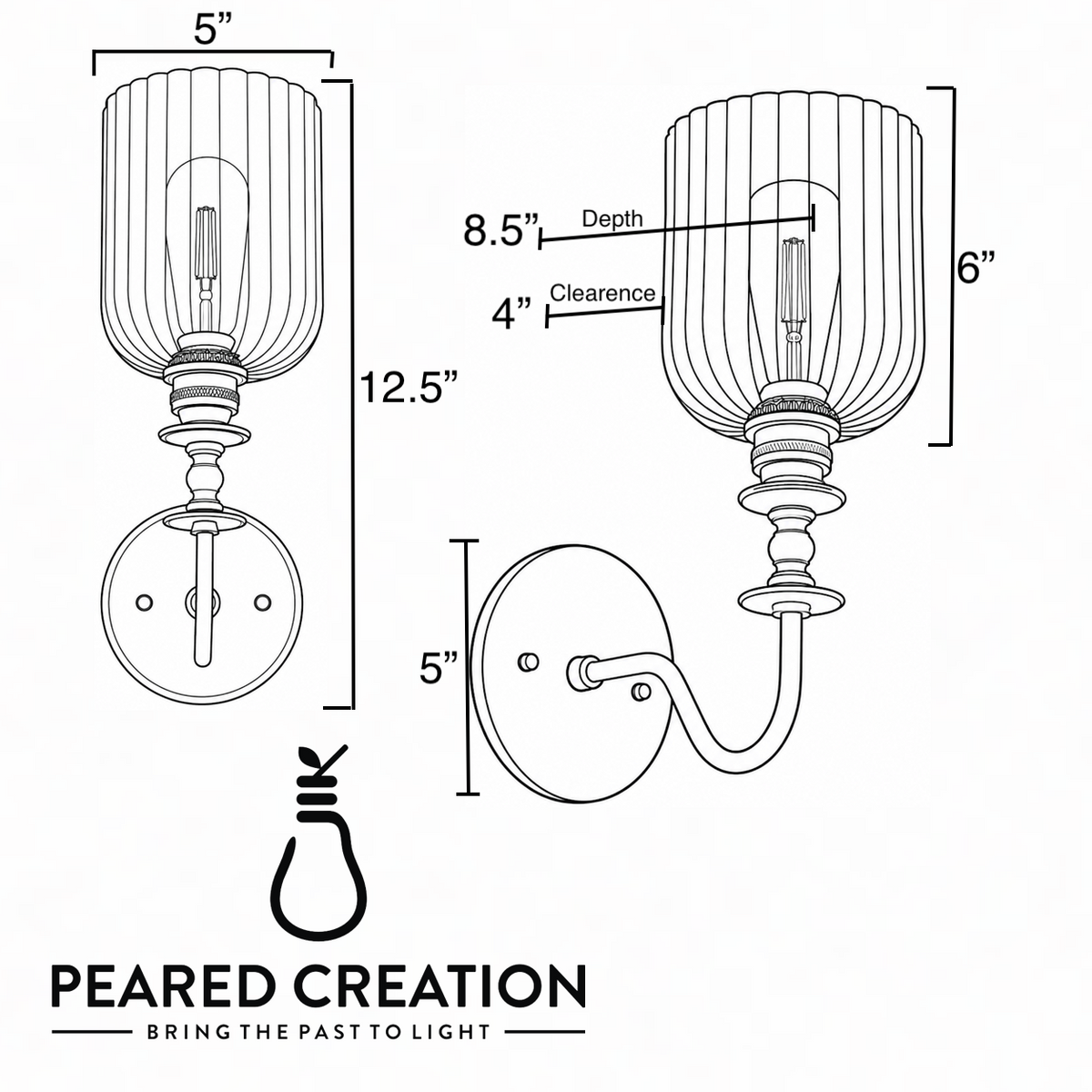 Wall sconce with clear ribbed glass shade, antique brass finish, curved arm, and round backplate. - SCONCE MODEL NO. 1134