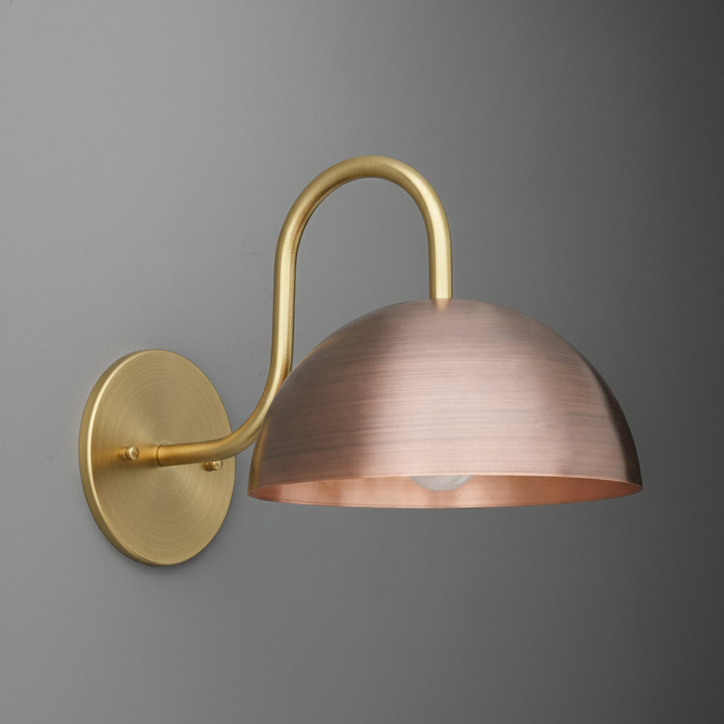 Brushed copper dome shade sconces with curved gold arm and round gold wall mount. - SCONCE MODEL NO. 4008