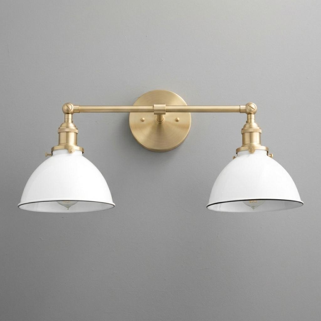 Two-bulb industrial vanity light with white dome shades and matte brass finish wall mount. - VANITY LIGHT MODEL NO. 4564