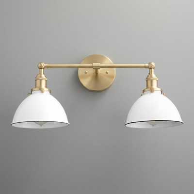 Two-bulb industrial vanity light with white dome shades and matte brass finish wall mount. - VANITY LIGHT MODEL NO. 4564