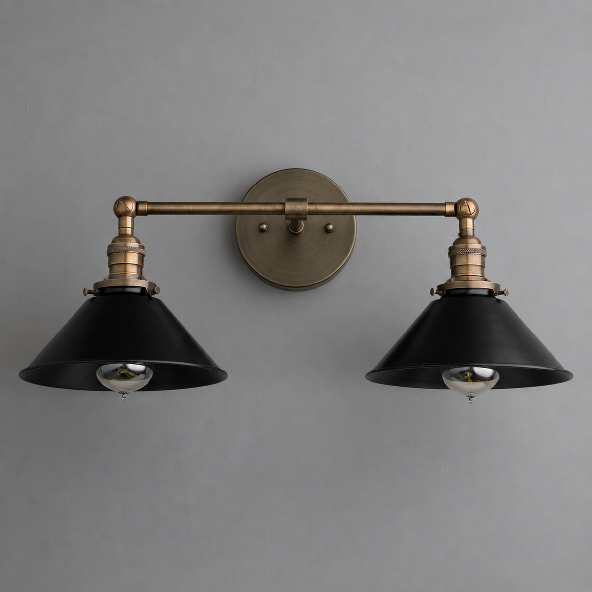 VANITY LIGHT MODEL NO. 1802 in Antique Brass with black shades