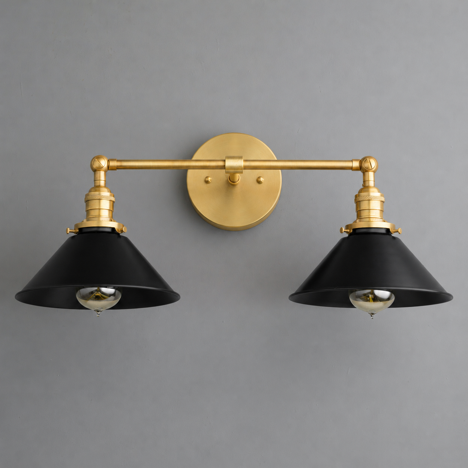 VANITY LIGHT MODEL NO. 1802 in Raw Brass or Sealed Brass with black shades
