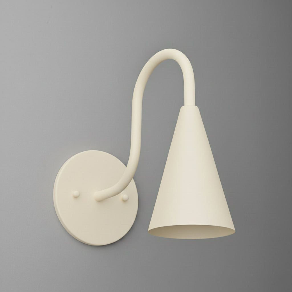 Matte white metal wall sconce with round base and a curved arm holding a conical shade. - SCONCE MODEL NO. 3021