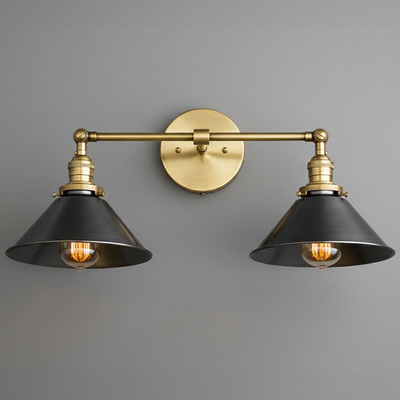 Two-bulb vanity light with black metal shades and antique brass mounting plate and arm. - VANITY LIGHT MODEL NO. 0799