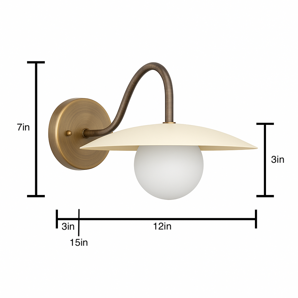 Antique brass wall sconce with cream flat dome shade and globe bulb, 15-inch wide, 7-inch high. - SCONCE MODEL NO. 2162