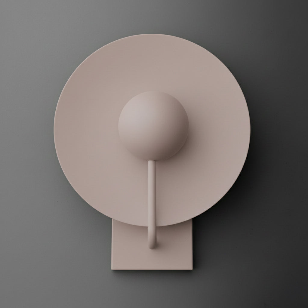 Single-light sconce in Mauve with a large round disc shade behind a globe, held on a slim curved stem from a rectangular wall plate. - SCONCE MODEL NO. 9342