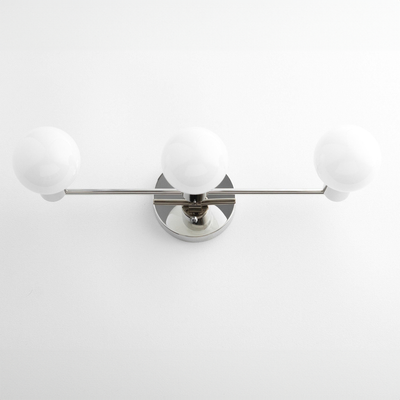 Mid-century modern vanity light with three white glass globe bulbs and polished nickel finish. - VANITY LIGHT MODEL NO. 0518