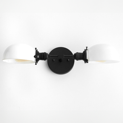 Mid-century modern black vanity light with two white dome shades and adjustable arms. - VANITY LIGHT MODEL NO. 1734