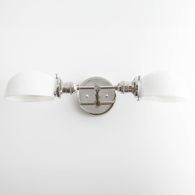 Mid-century modern 2-bulb vanity light with polished nickel finish and white shades. - VANITY LIGHT MODEL NO. 1734