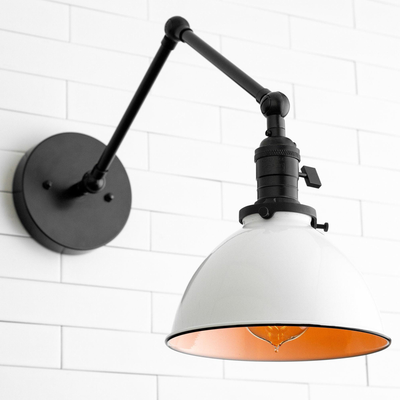 Adjustable black metal wall sconce with white dome shade and exposed bulb against white tiled wall. - SCONCE MODEL NO. 8551