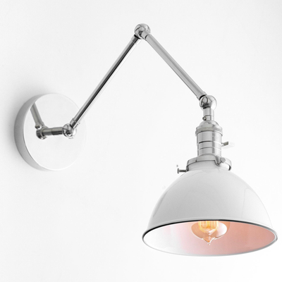Polished nickel adjustable wall sconce with white metal shade and exposed bulb in mid-century modern style. - SCONCE MODEL NO. 8551