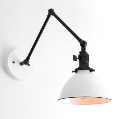 Black adjustable mid-century modern wall sconce with white metal shade and matte black arm. - SCONCE MODEL NO. 8551