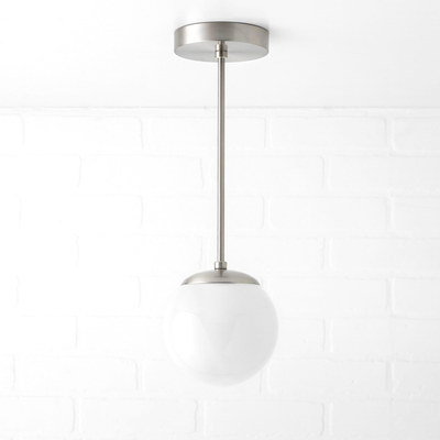 Mid-century modern pendant light with brushed nickel globe shade and metal rod suspension. - PENDANT MODEL NO. 7056