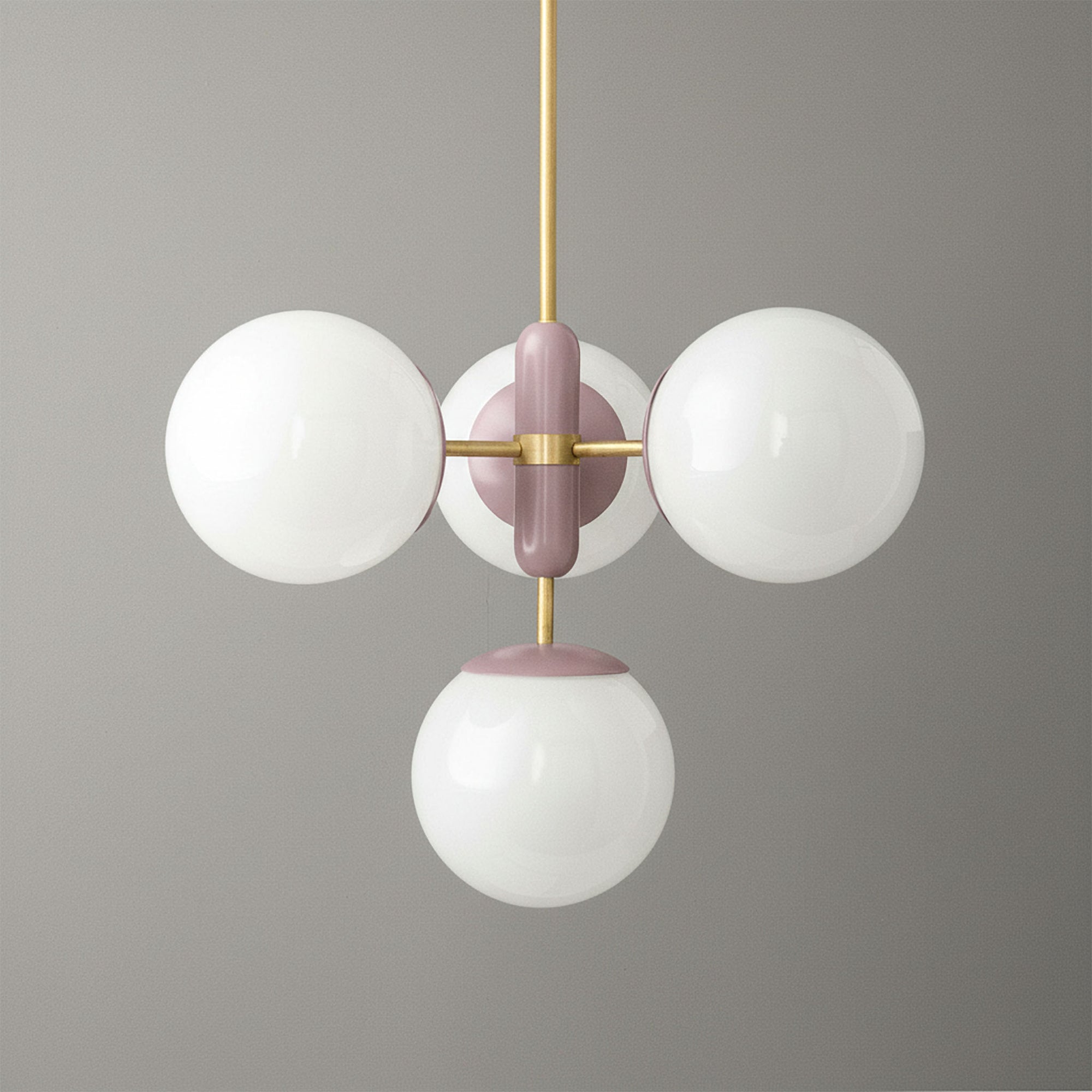 Art Deco chandelier with three large white glass globes and brass accents on a pink central fixture. - CHANDELIER MODEL NO. 4321