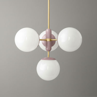 Art Deco chandelier with three large white glass globes and brass accents on a pink central fixture. - CHANDELIER MODEL NO. 4321