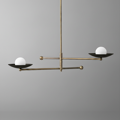 Mid-century modern chandelier with antique brass arms and two black metal dishes holding white globe bulbs. - CHANDELIER MODEL NO. 2933