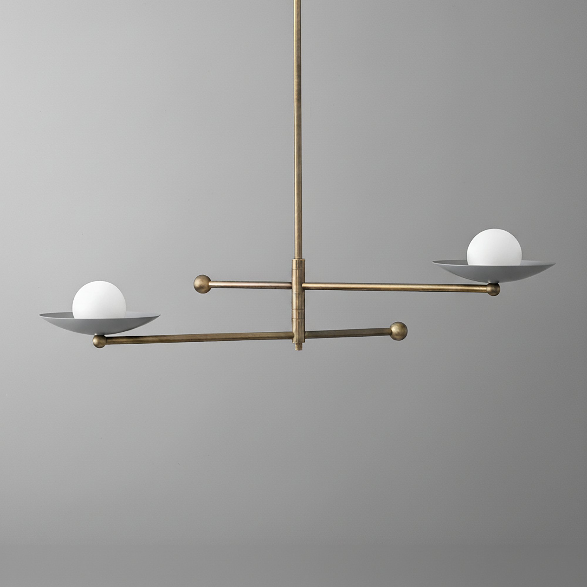Mid-century modern antique brass chandelier with horizontal arms and white globe lights. - CHANDELIER MODEL NO. 2933