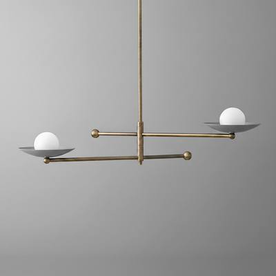 Mid-century modern antique brass chandelier with horizontal arms and white globe lights. - CHANDELIER MODEL NO. 2933