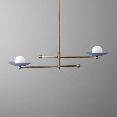 Antique brass chandelier with two horizontal arms and round white globe lights on blue metal dishes. - CHANDELIER MODEL NO. 2933