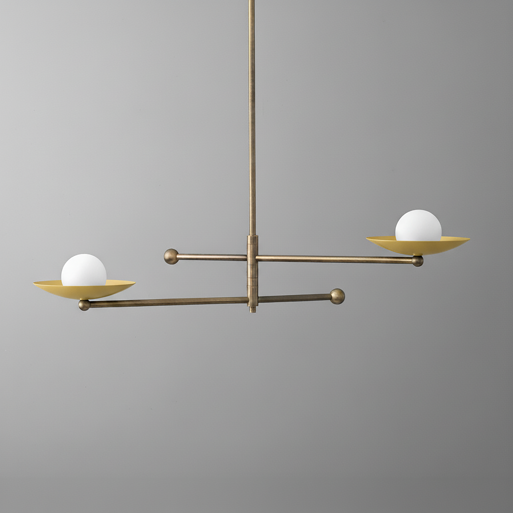 Mid-century modern chandelier with antique brass finish, dual minimal globe lights on flat brass plates. - CHANDELIER MODEL NO. 2933