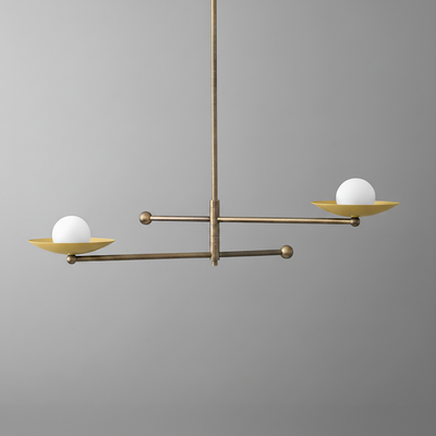 Mid-century modern chandelier with antique brass finish, dual minimal globe lights on flat brass plates. - CHANDELIER MODEL NO. 2933
