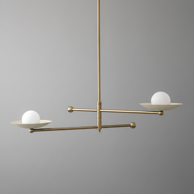 Mid-century modern antique brass chandelier with two white globe lights on flat circular arms. - CHANDELIER MODEL NO. 2933