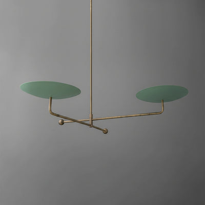 Minimalist chandelier with two large flat green discs on a thin brass frame and central rod. - CHANDELIER MODEL NO. 0680