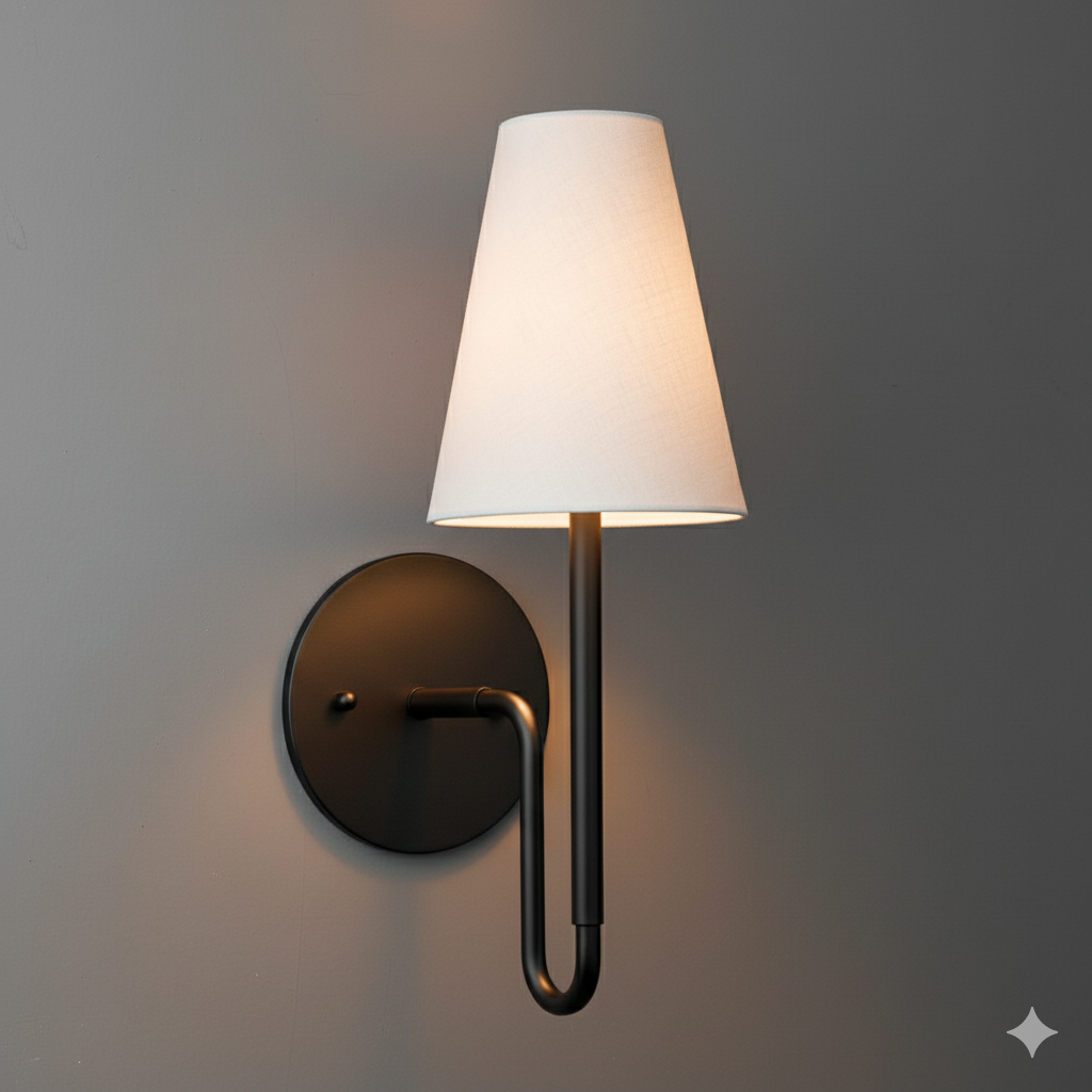 Matte black metal wall sconce with round base and white tapered fabric shade. - SCONCE MODEL NO. 1007