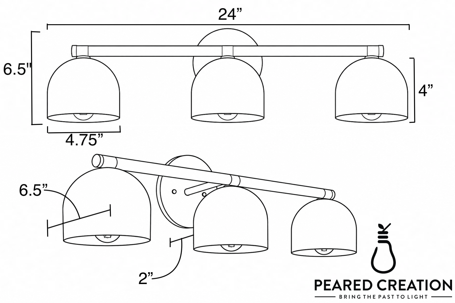Three-bulb vanity light with brushed metal finish and white dome glass shades, 24 inches wide. - VANITY LIGHT MODEL NO. 1169