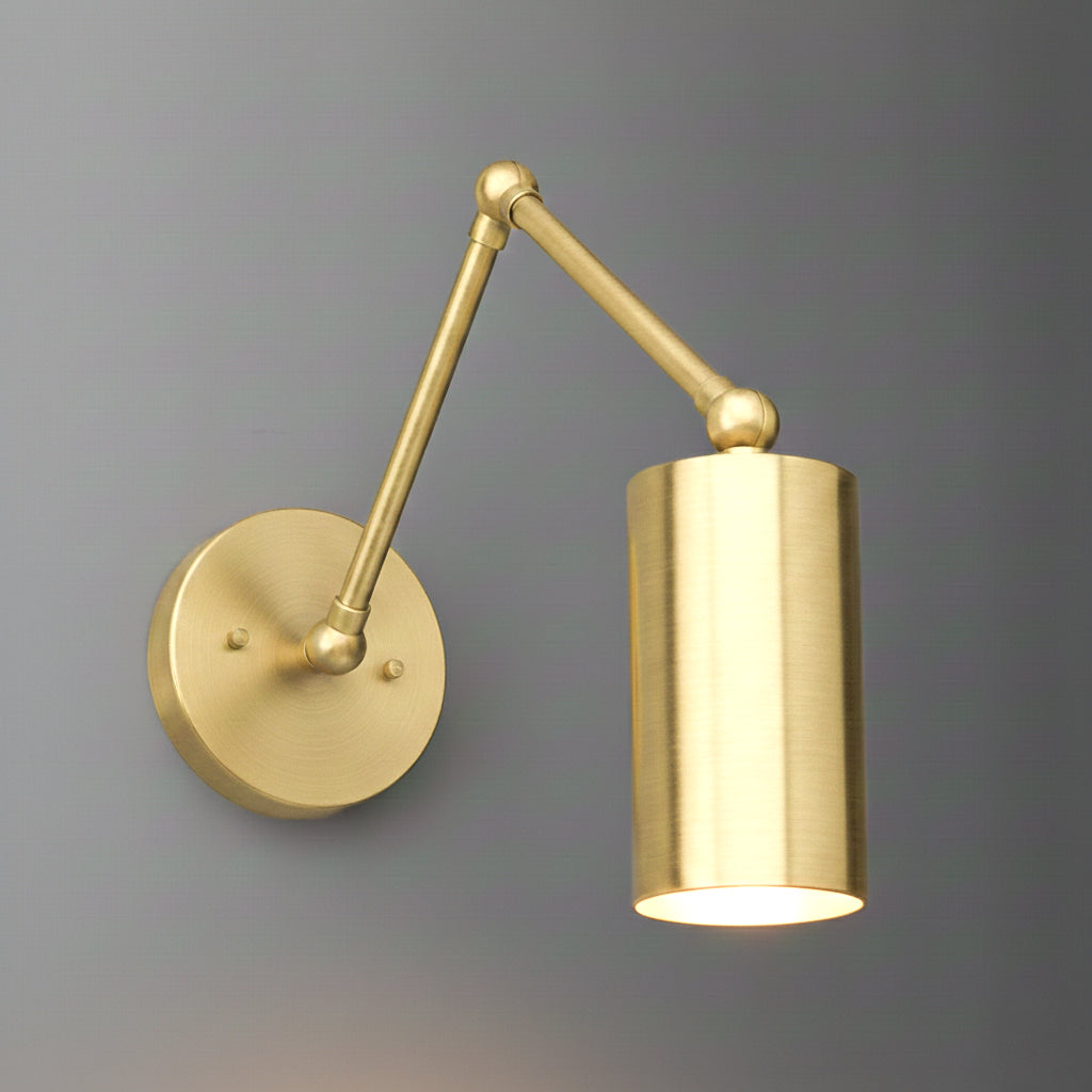 Brushed brass 1-bulb wall sconce with cylindrical shade and adjustable arm. - SCONCE MODEL NO. 0357